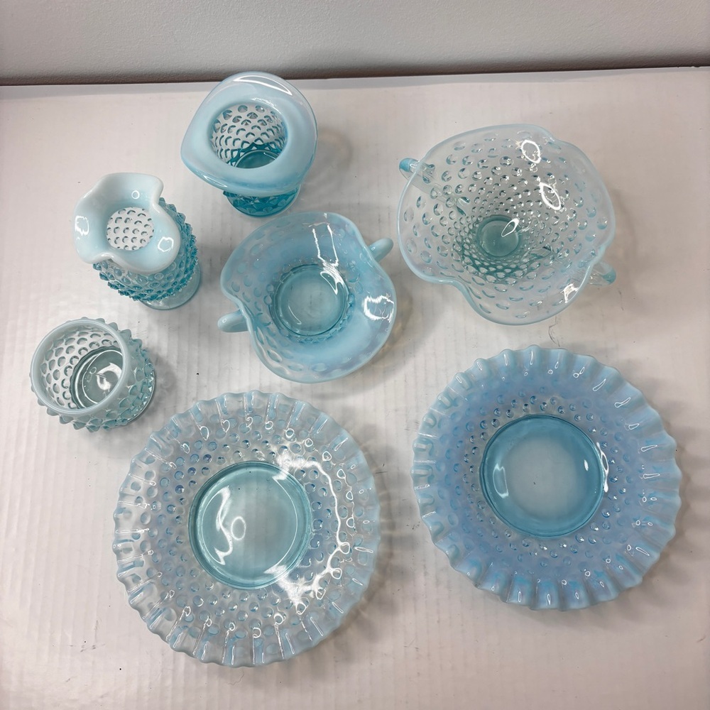 VTG Fenton Blue Opalescent Hobnail 7 pc lot Trinket Candy Dishes Votive Bud Vase - Picture 16 of 16